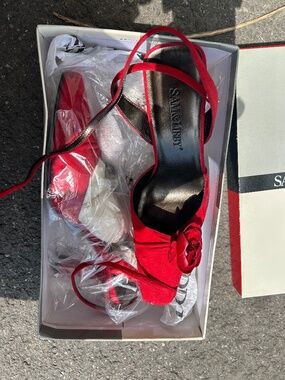 Sam & Libby Red Satin Slingback Heels Rosette Pumps NIB